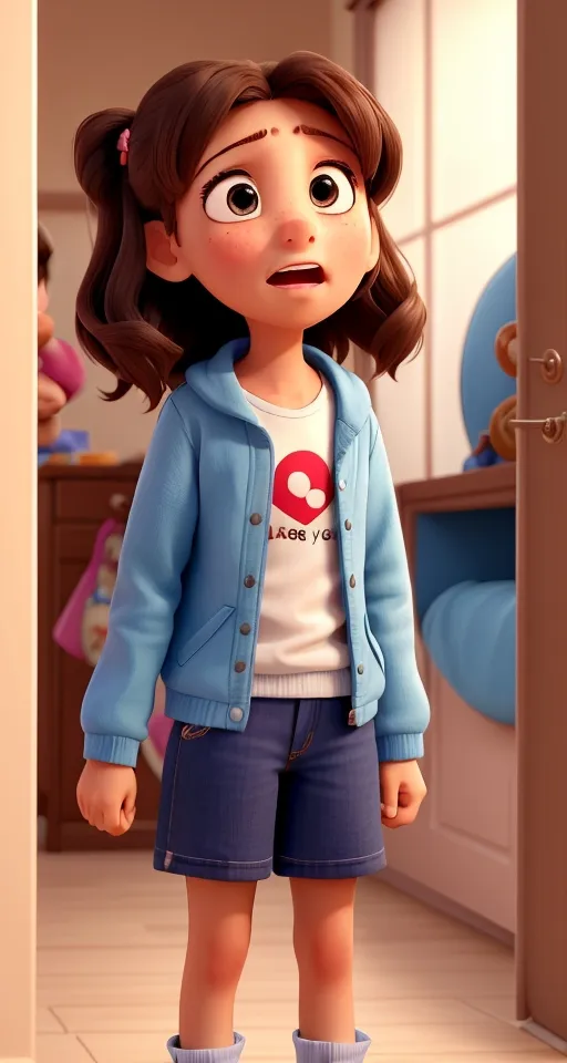 a young girl in a blue jacket standing in a room