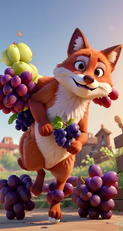 a cartoon fox carrying a bunch of grapes