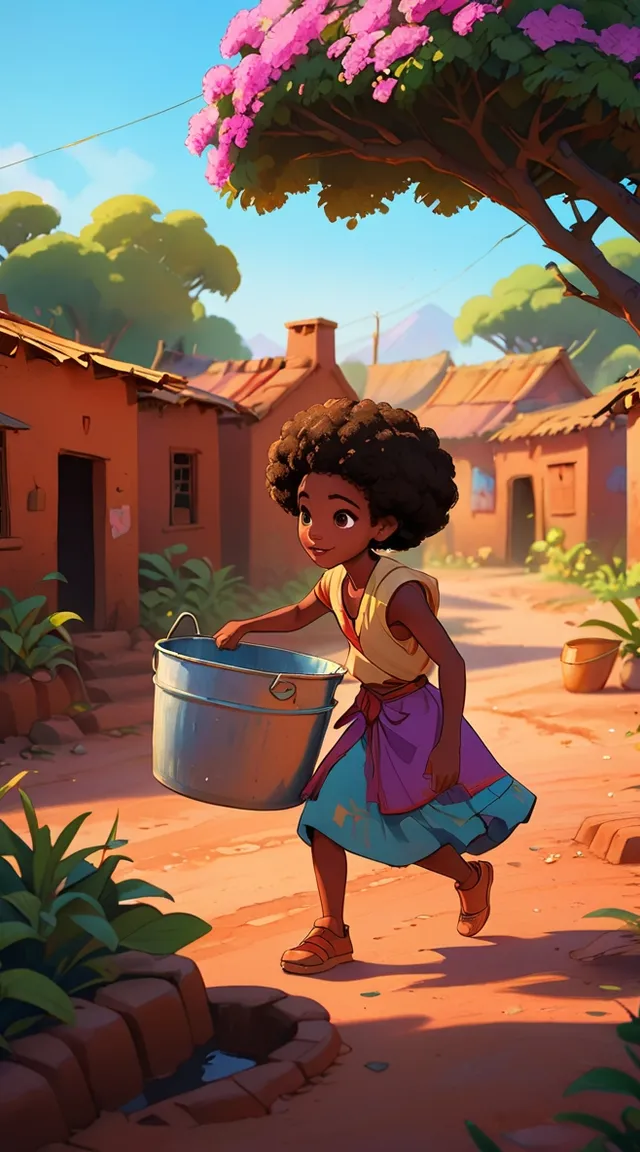 a young girl carrying a bucket on a dirt road