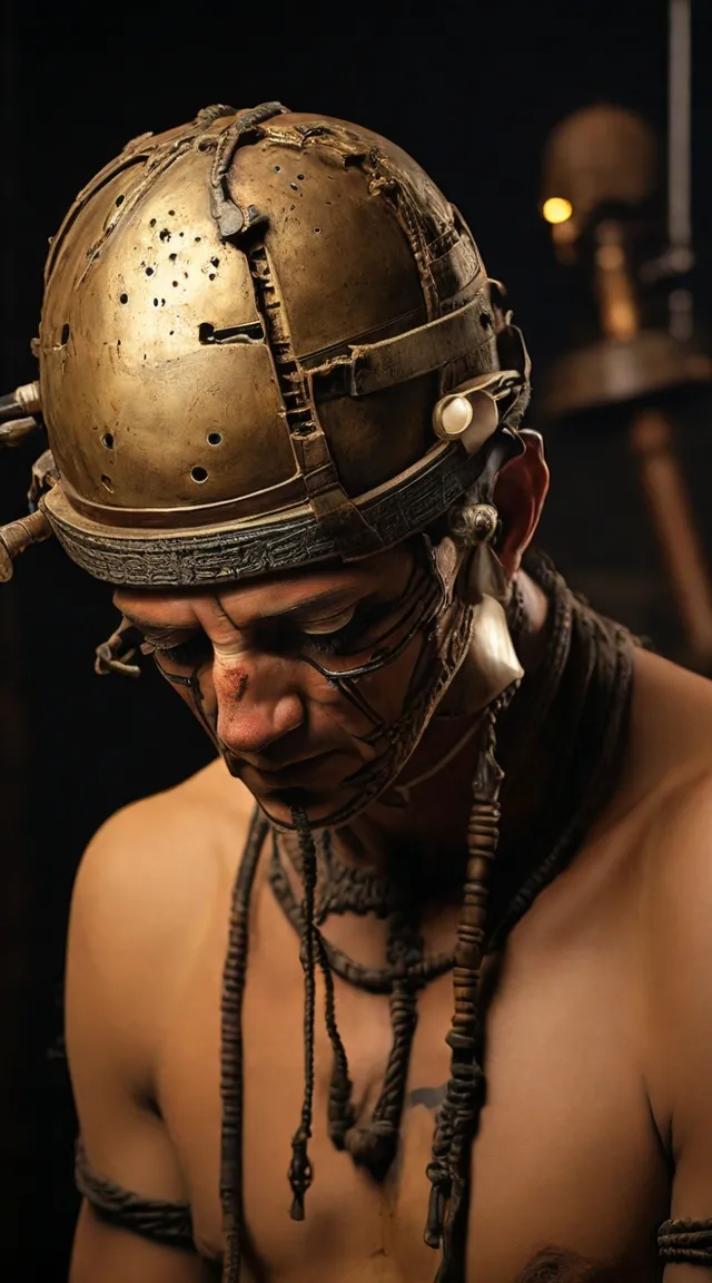 a man wearing a gold helmet and dreadlocks