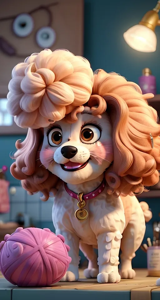 a dog with a pink wig and a ball of yarn