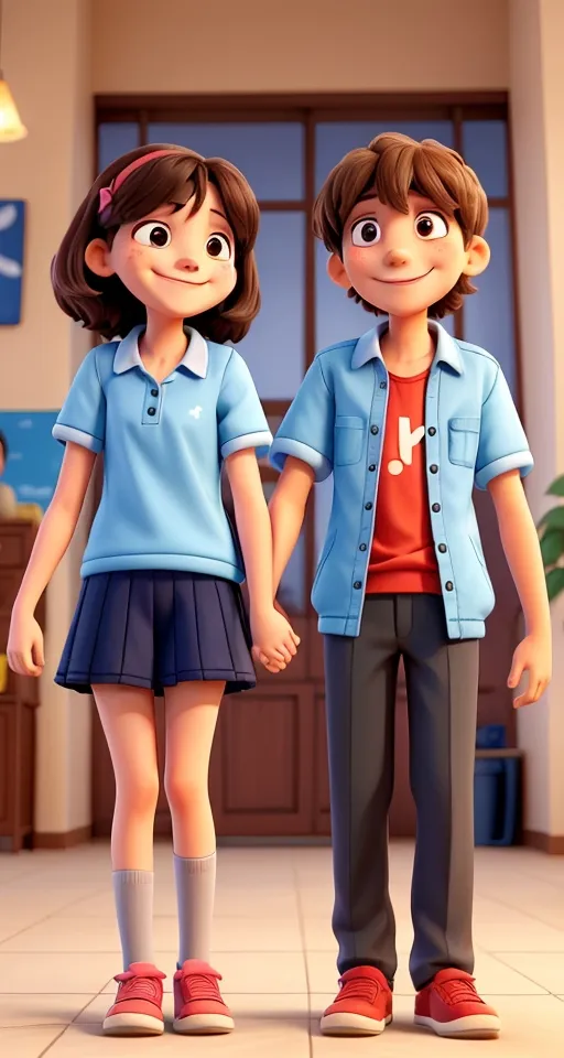 a boy and a girl holding hands in a room