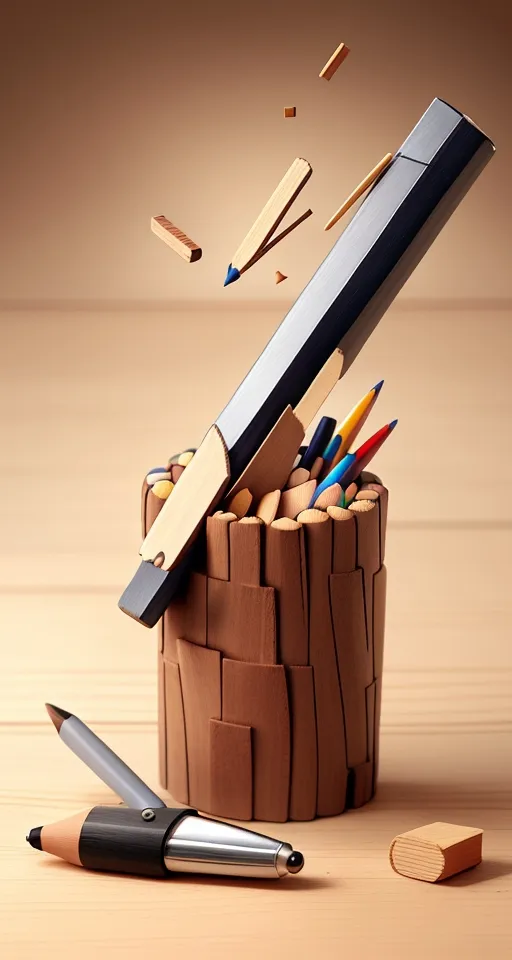 a pencil holder made out of cardboard with a knife sticking out of it