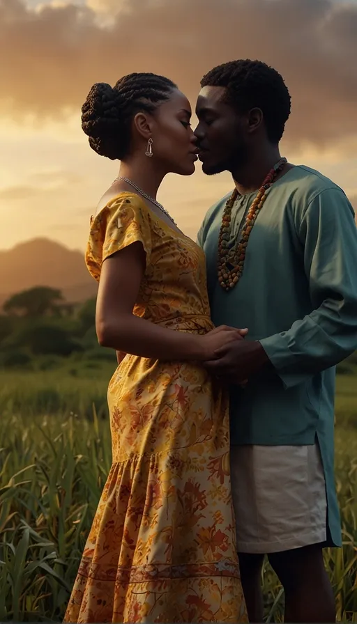 a man and a woman kissing in a field sunset