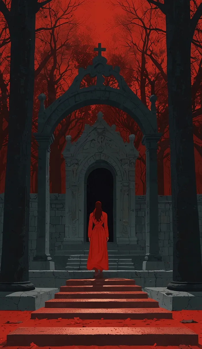 a woman in a red dress standing in front of a gate
