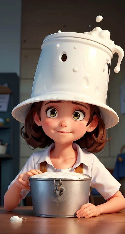 a little girl with a bucket on her head