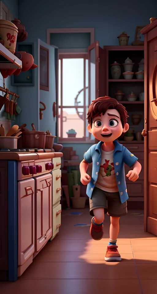 a cartoon boy is walking through a kitchen