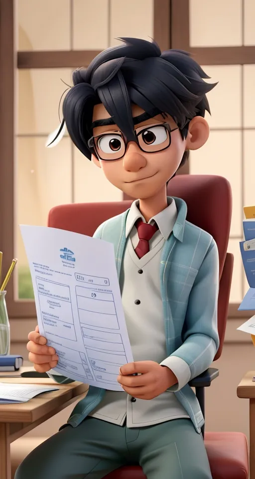 a cartoon character sitting in a chair holding a piece of paper