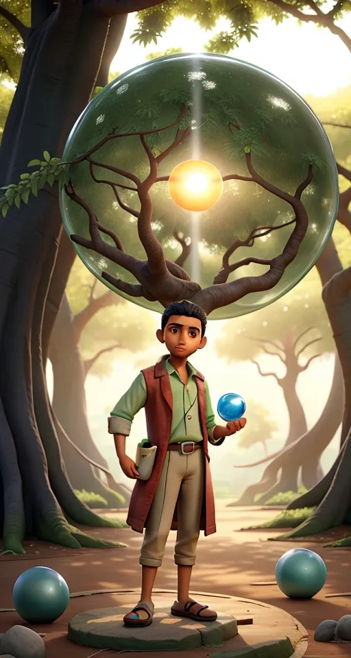 a man standing in front of a forest holding a blue ball