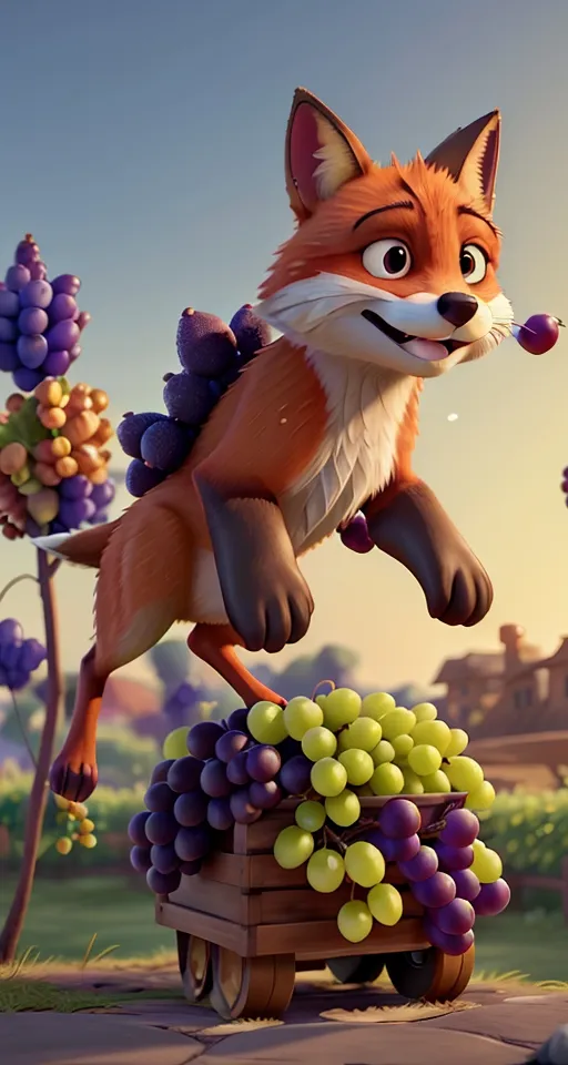 a cartoon fox standing on top of a cart of grapes