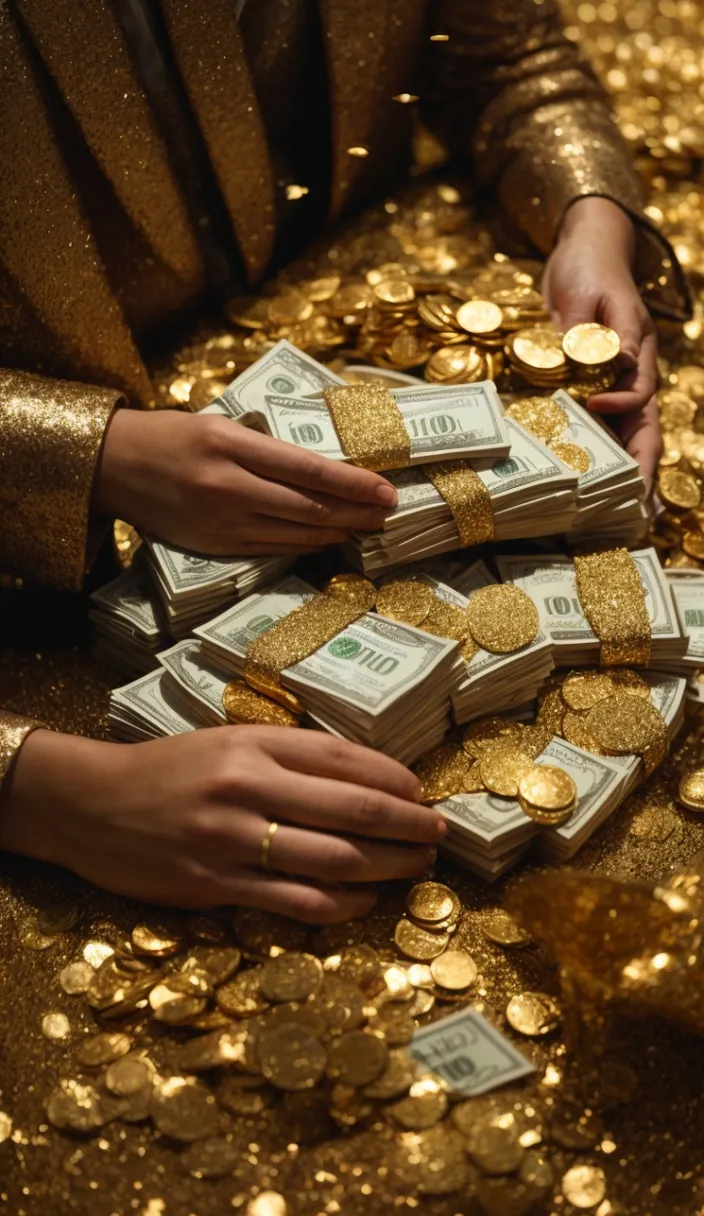 a pile of money sitting on top of a pile of gold coins