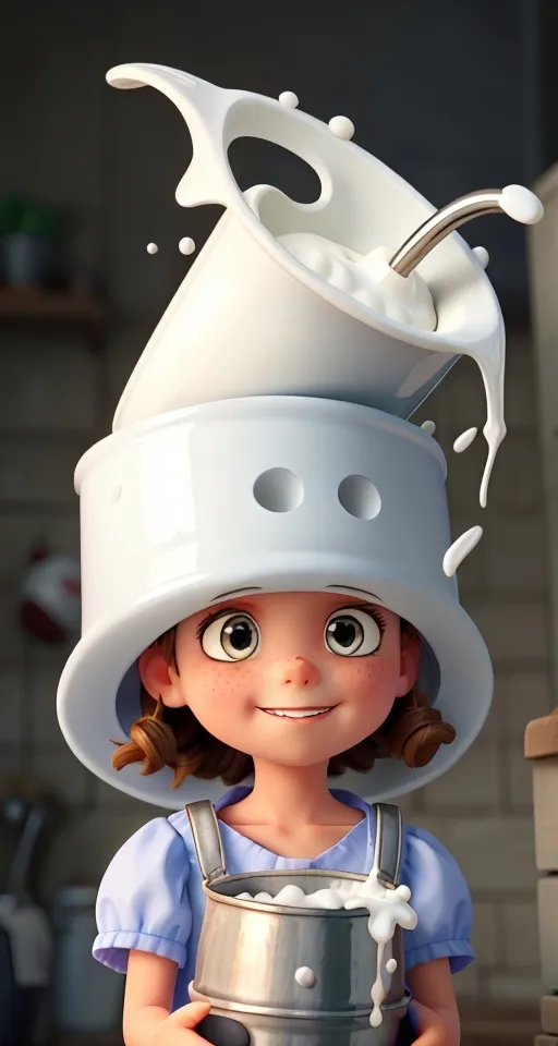 a little girl with a milk jug on her head