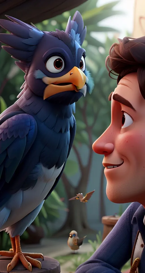 a cartoon character is looking at a bird