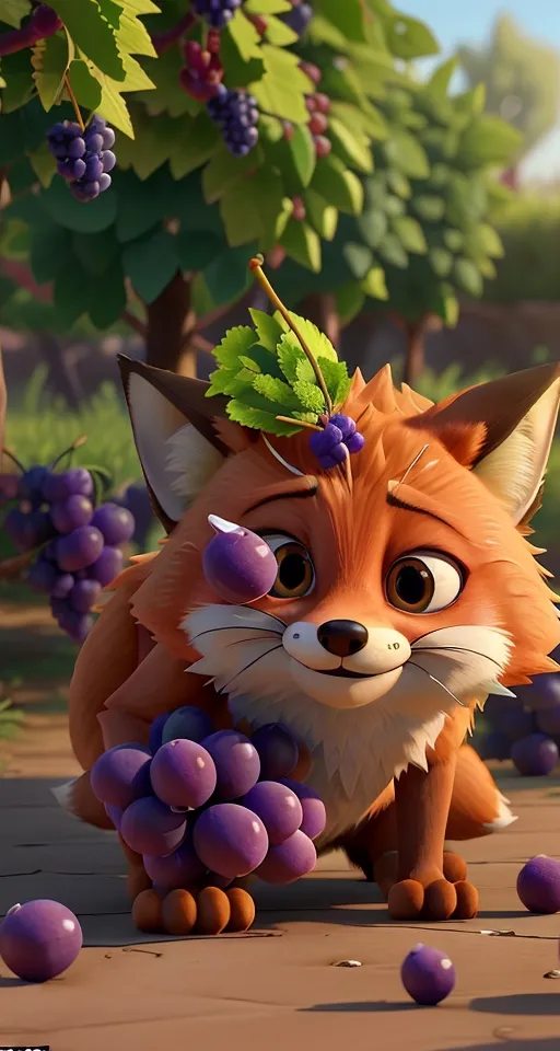 a cartoon fox with grapes on its head