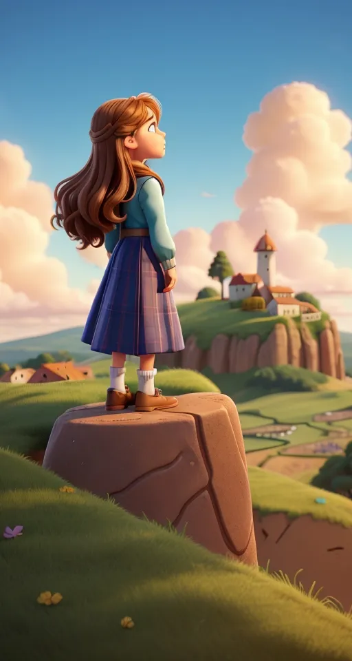 a little girl standing on top of a hill