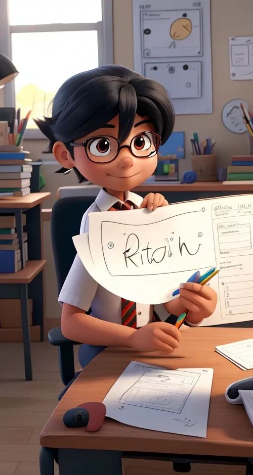 a boy in a classroom holding a sign