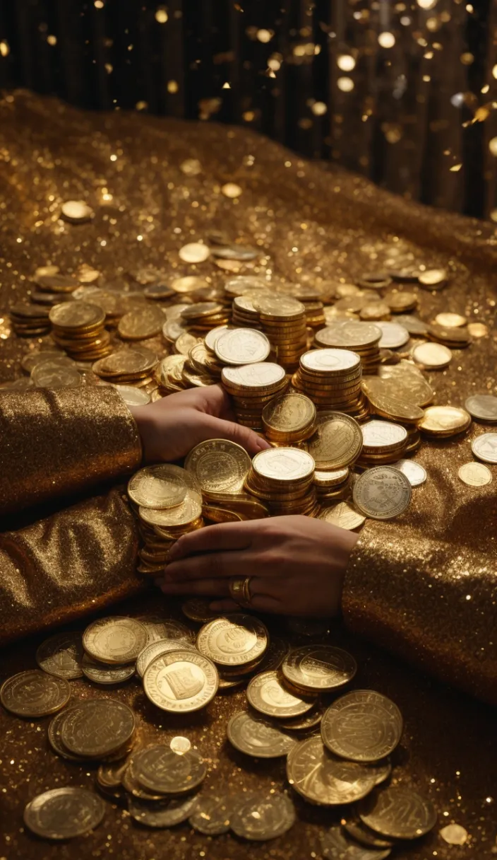 a person's hands on a table covered in gold coins