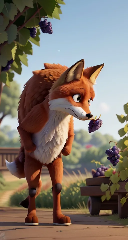 a fox with a bunch of grapes in it's mouth