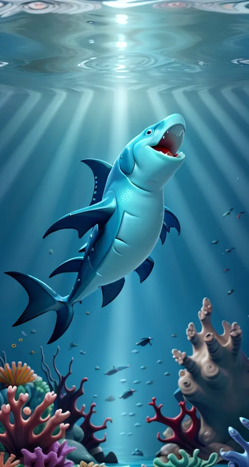 a cartoon shark swimming in the ocean