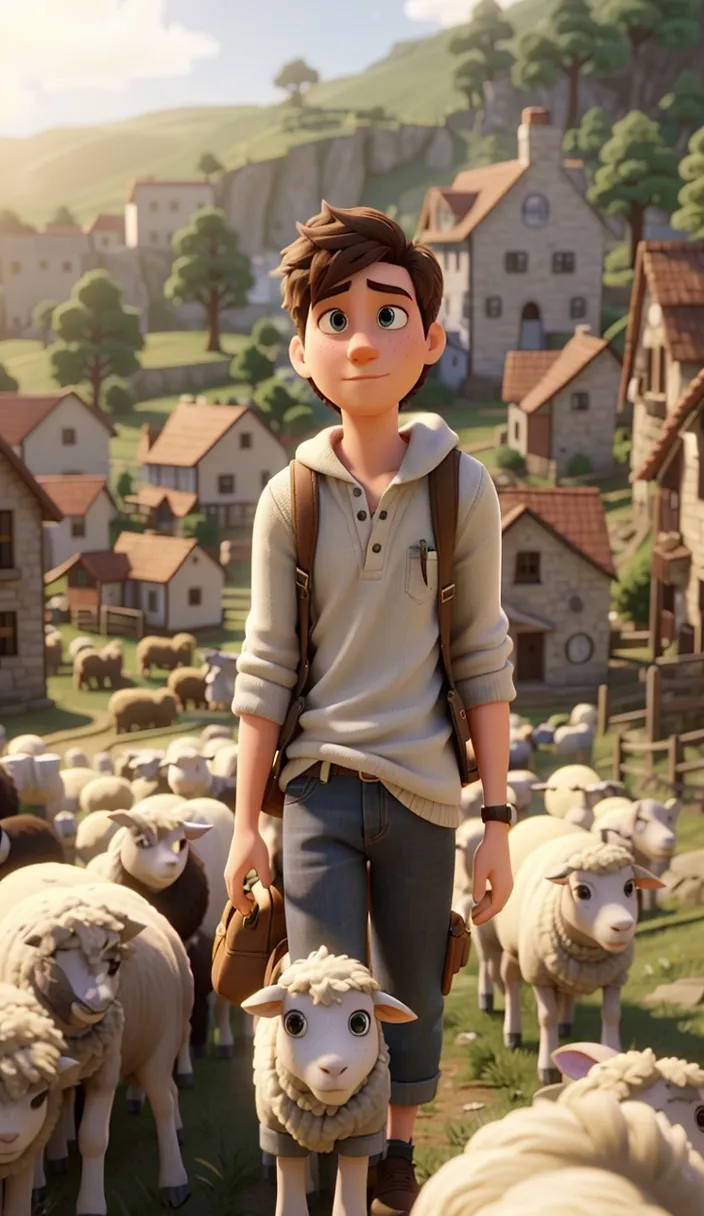 a boy standing in front of a herd of sheep