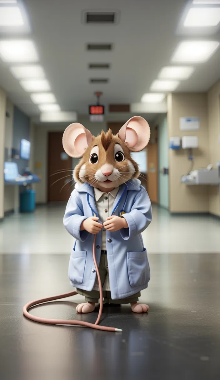 a mouse in a lab coat holding a mouse's tail