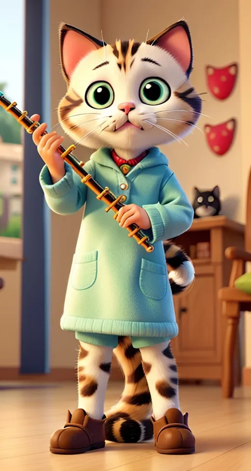 a cat in a blue coat holding a flute