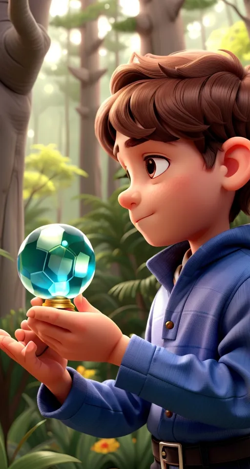 a boy holding a crystal ball in a forest