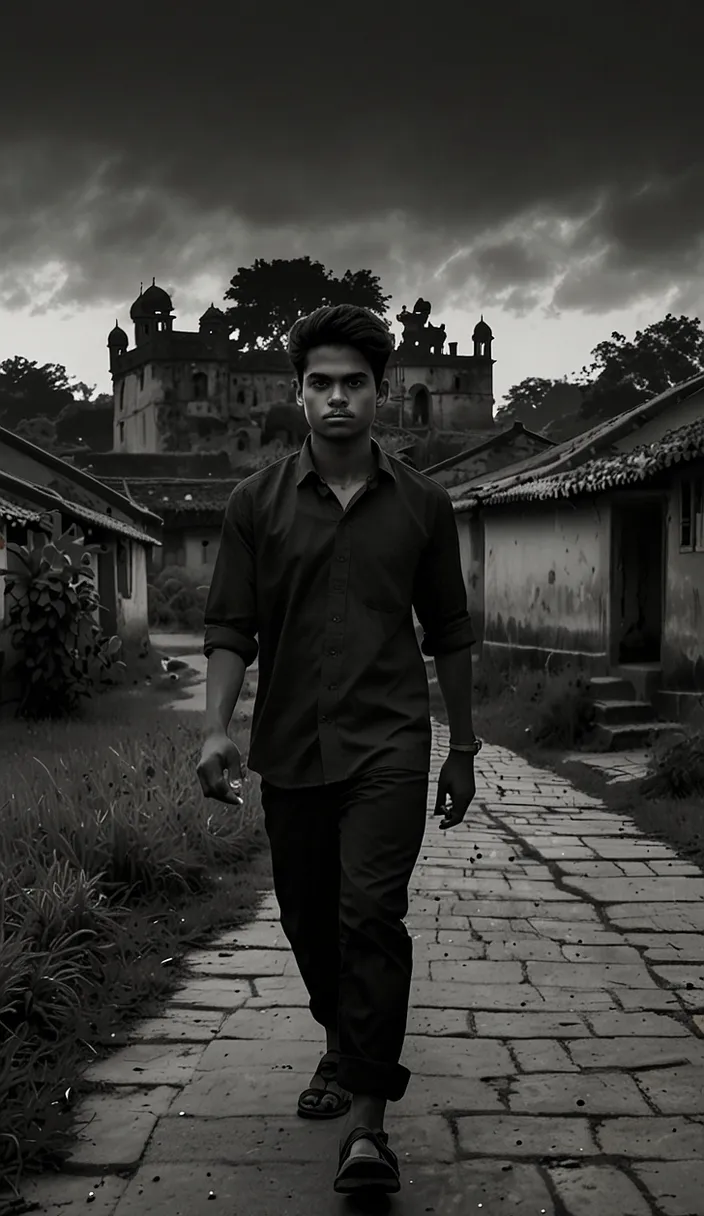 a man walking down a brick walkway under a cloudy sky