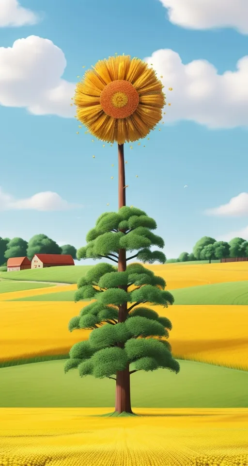 a painting of a sunflower on a tree in a field