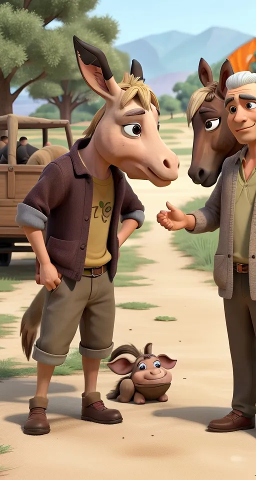 a donkey and a man standing next to each other