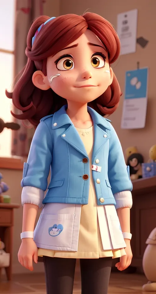 a young girl in a blue jacket standing in a room