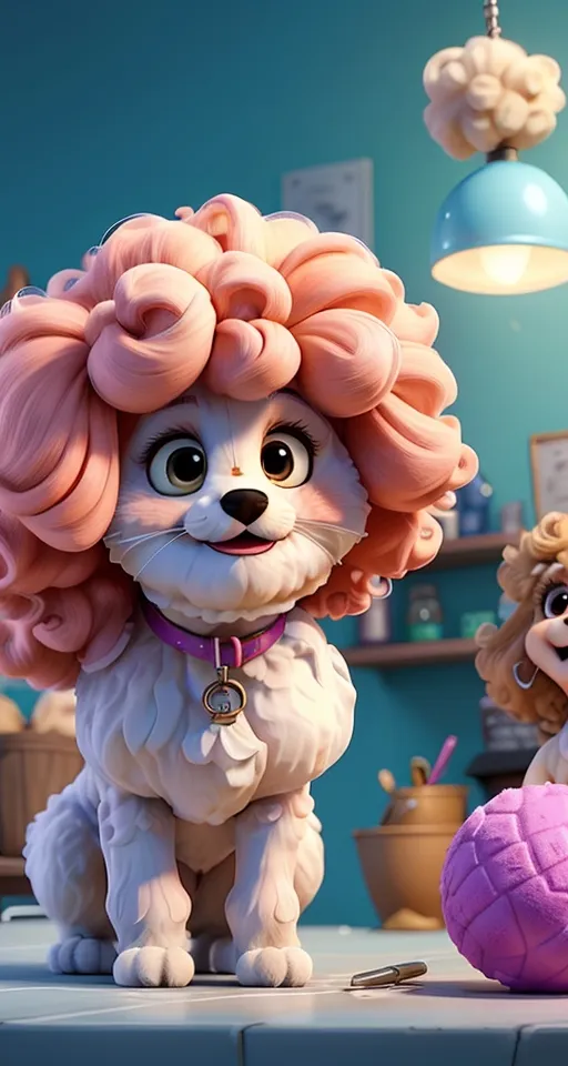 a dog with pink hair sitting next to another dog