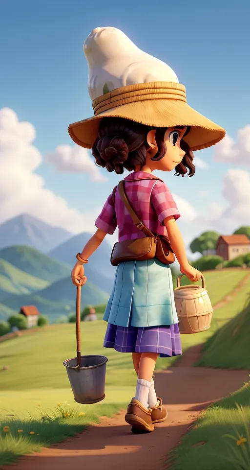 a cartoon girl with a bucket and a hat