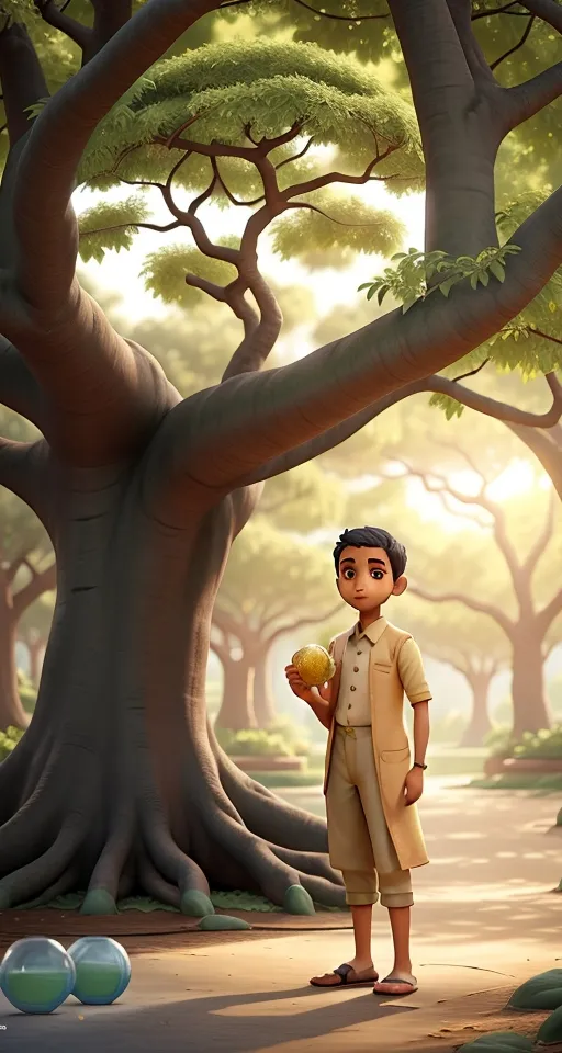 a boy holding a ball standing in front of a tree