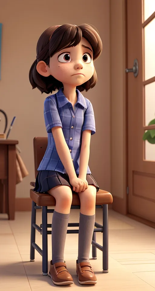 a girl sitting on a chair with a sad look on her face