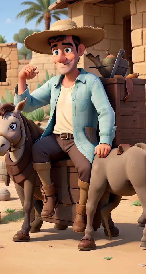 a man sitting on top of a horse next to a donkey