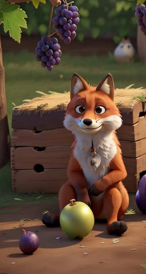 a red fox sitting next to a bunch of grapes