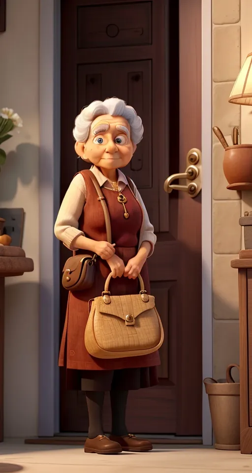 a cartoon character holding a purse in front of a door