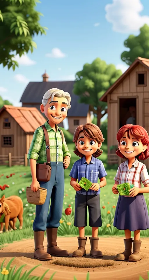 a family standing in front of a farm