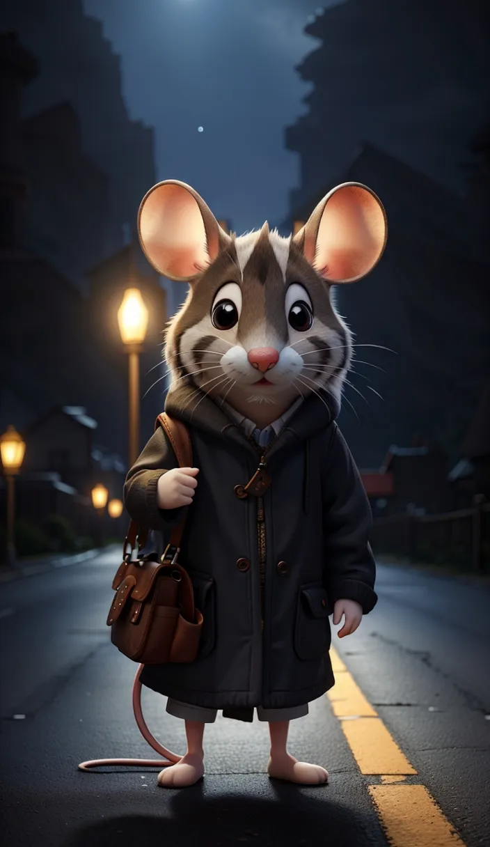 a mouse in a coat standing on a street at night