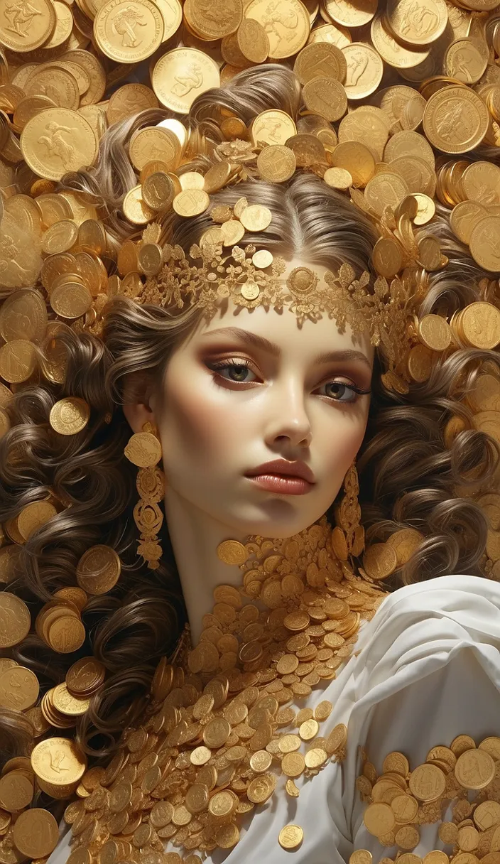 a woman is surrounded by gold coins