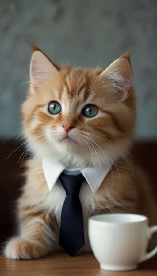 a cat wearing a tie and a cup of coffee