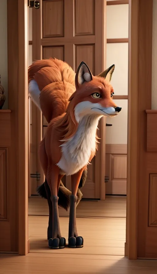 a fox standing in front of a doorway