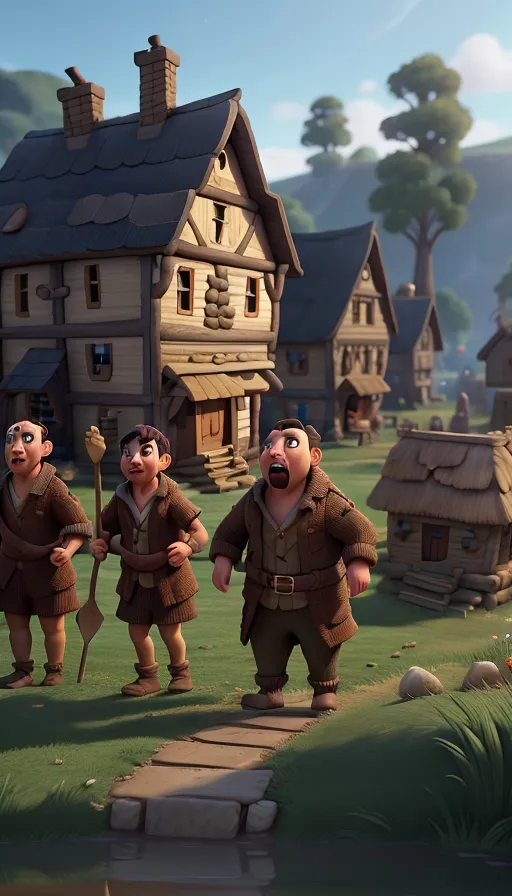 a group of cartoon characters standing in front of a house