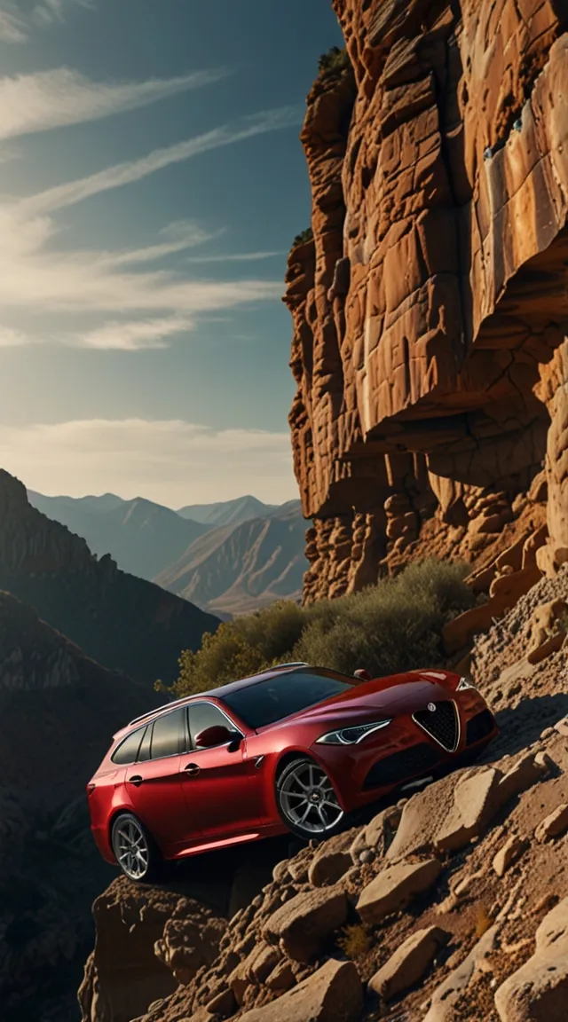 Side view from below, red Alfa Romeo Giulia station wagon standing on the edge of a canyon, rocks falling, breathtaking, sense of danger, panoramic, ray tracing, cinematic,