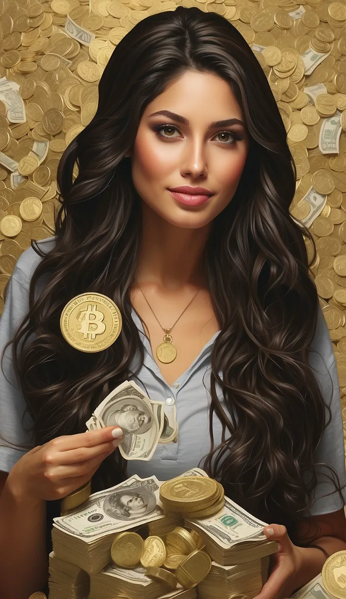 a painting of a woman holding a bunch of money