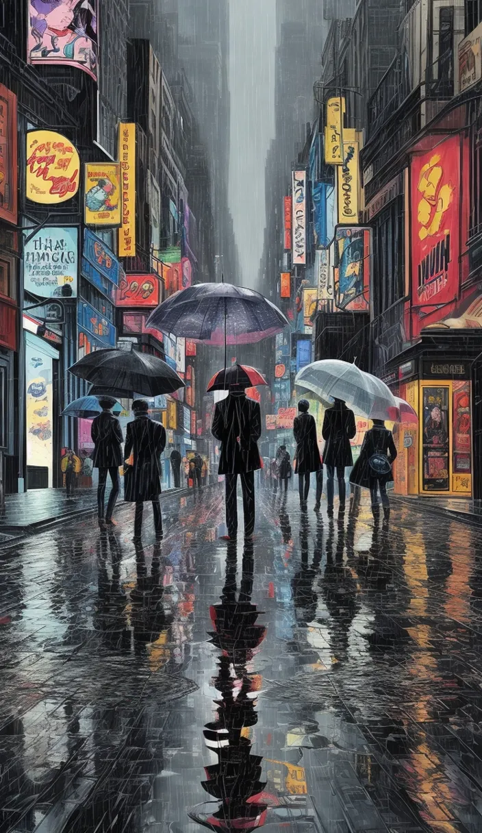 a painting of people walking in the rain with umbrellas