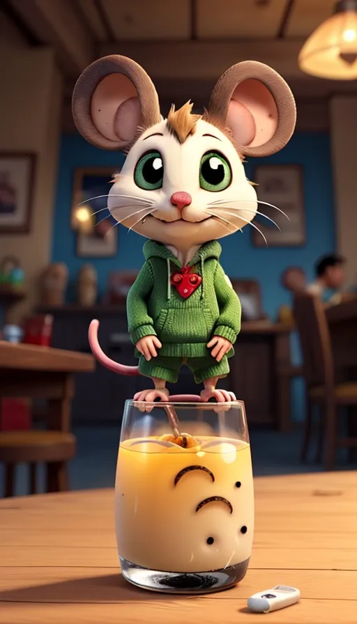 a cartoon mouse standing on top of a glass filled with liquid