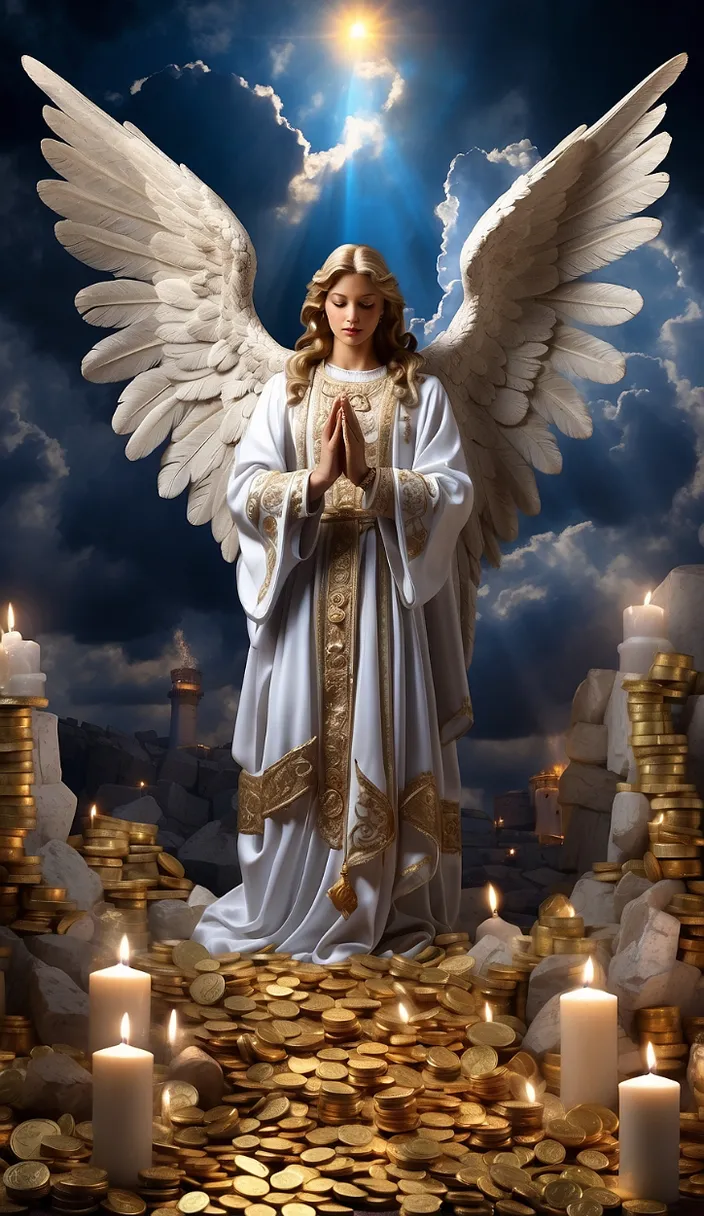 a statue of an angel surrounded by stacks of gold coins