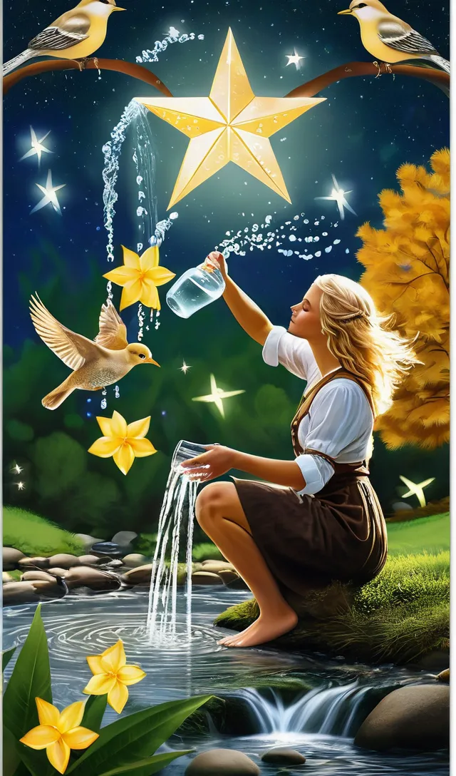 Photorealistic beautiful young blonde woman pours water from two jugs into a stream. Above her head there is one large star, surrounded by seven small ones. In the background of the card there is a green tree on which a bird sits, perhaps alluding to the image of the soul living on the Tree of Life. hide detail, realistic studio photography, artistic photography,
intricate detail, stylized, beautiful, shiny,
Hyper detailed, high quality, dramatic lighting, beautiful hd photography, detailed nature, cinematic lighting 
